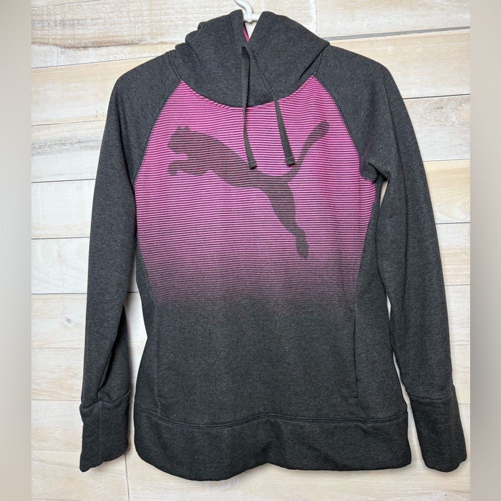 Puma Cat Logo Women's Pink and Gray Fleece Hoodie Size Medium